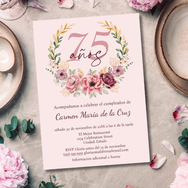 Invitación Elegante floral rosada española 75ª fiesta de cump (Subido por el creador)
