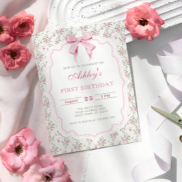 Invitación Elegante floral rosada y Chica Bow Cumpleaños