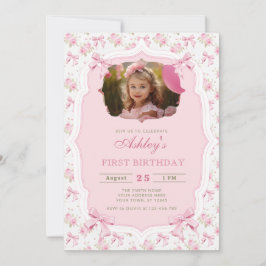 Invitación Elegante floral rosada y Chica Bow Cumpleaños