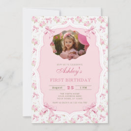 Invitación Elegante floral rosada y Chica Bow Cumpleaños