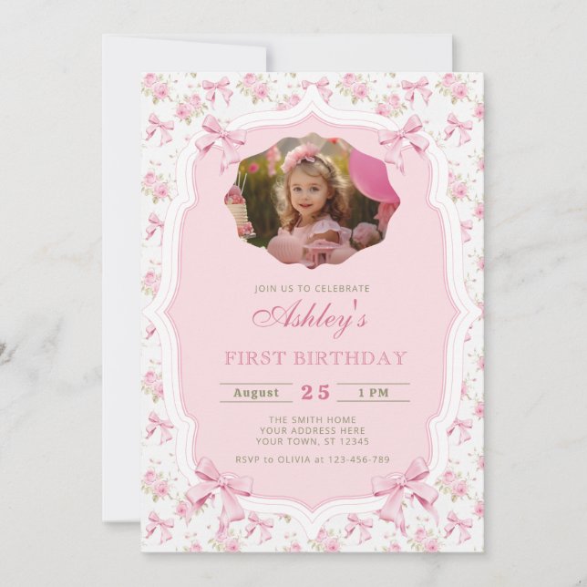 Invitación Elegante floral rosada y Chica Bow Cumpleaños (Anverso)