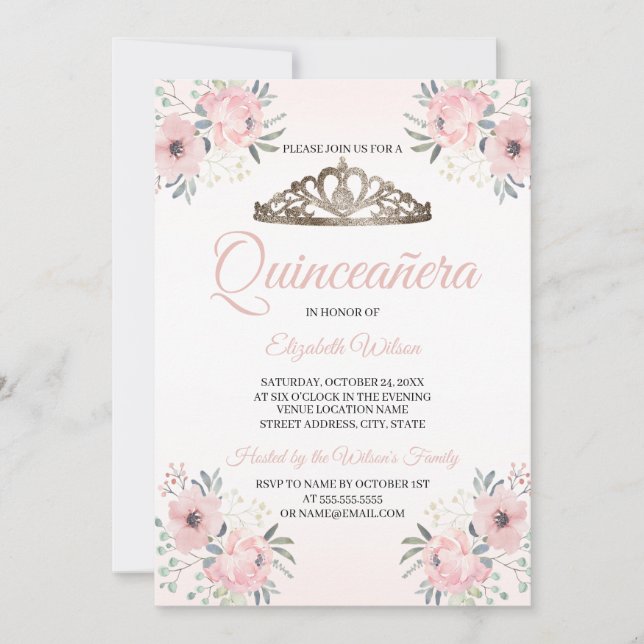 Invitación Elegante Floral Rubor Foto Rosa Quinceanera Invita (Anverso)
