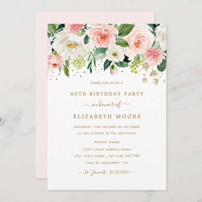 Invitación Elegante floral Rubor Gold 60 cumpleaños (Anverso / Reverso)