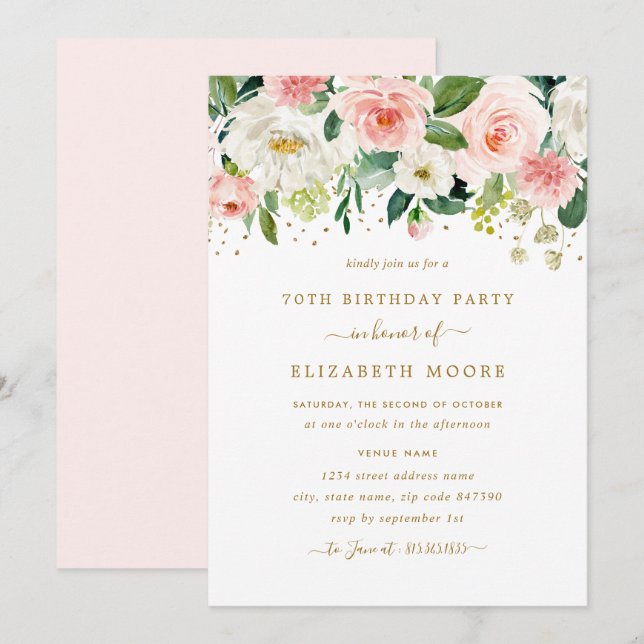 Invitación Elegante floral Rubor Gold 70 cumpleaños (Anverso / Reverso)