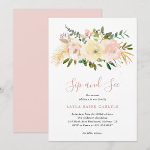 Invitación Elegante floral Rubor Pink Baby Sip and See