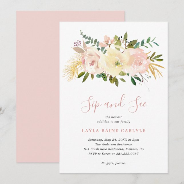 Invitación Elegante floral Rubor Pink Baby Sip and See (Anverso / Reverso)