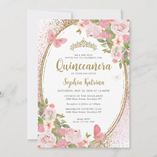 Invitación Elegante floral Rubor rosa oro Tiara Quinceañera (Anverso)