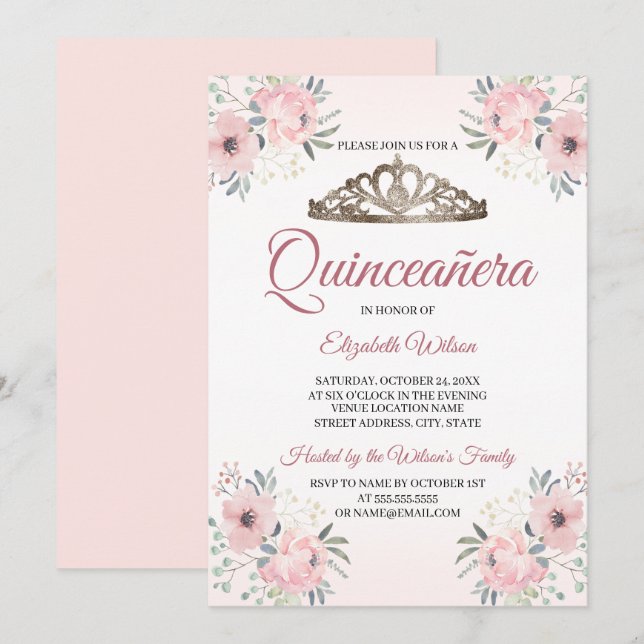 Invitación Elegante floral Rubor rosa Quinceanera (Anverso / Reverso)