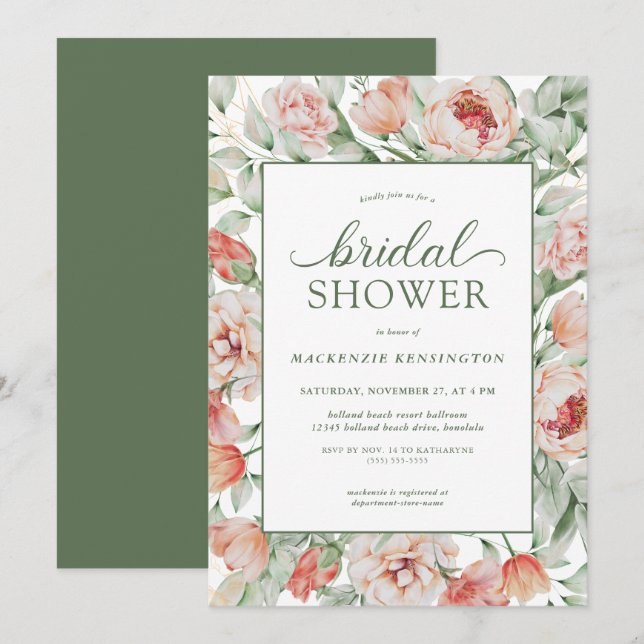 Invitación Elegante Floral Rubor Sage Green Bridal Shower (Anverso / Reverso)