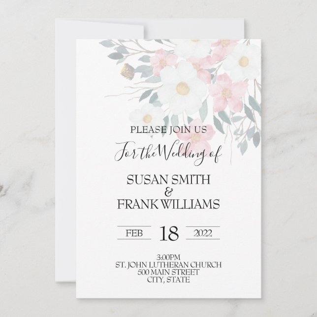 Invitación Elegante Floral Rústica Rosa y Acuarela Blanca (Anverso)