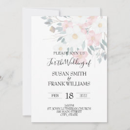 Invitación Elegante Floral Rústica Rosa y Acuarela Blanca