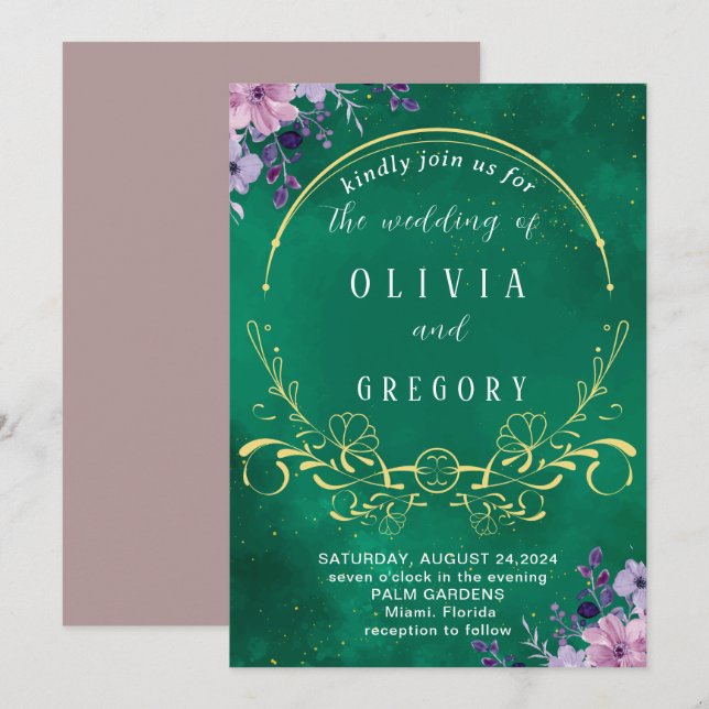 Invitación Elegante floral rústica y Boda verde real (Anverso / Reverso)