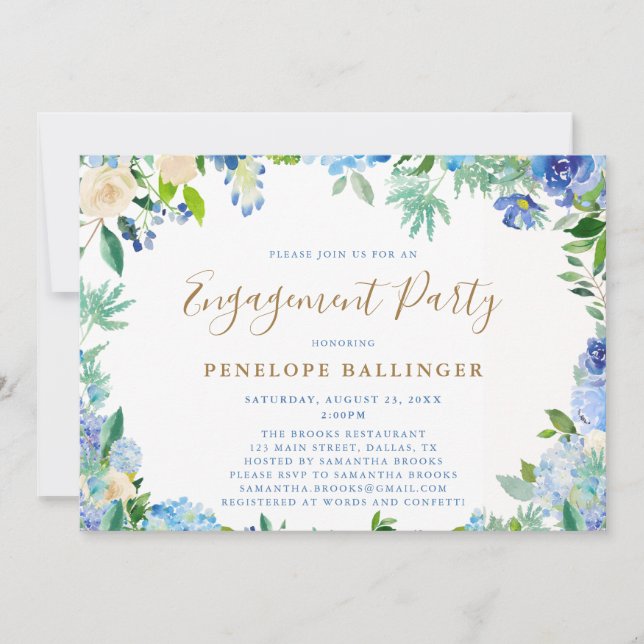 Invitación Elegante Floral Script Dusty Blue Engagement Party (Anverso)