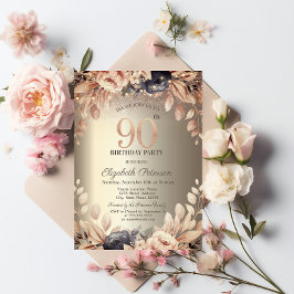 Invitación Elegante Floral, String ilumina el cumpleaños 90