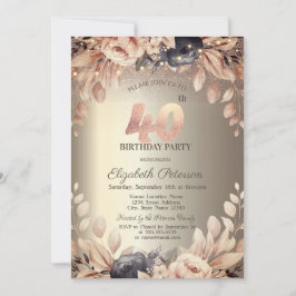 Invitación Elegante Floral, String Lights 40 cumpleaños