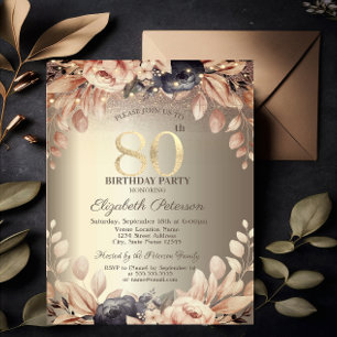 Invitación Elegante Floral, String Lights 80 cumpleaños