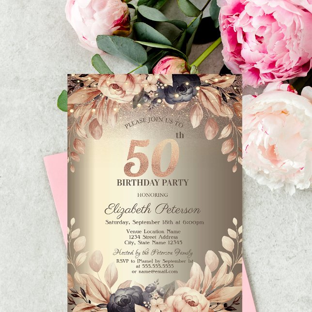 Invitación Elegante Floral, String Luces 50 cumpleaños (Subido por el creador)