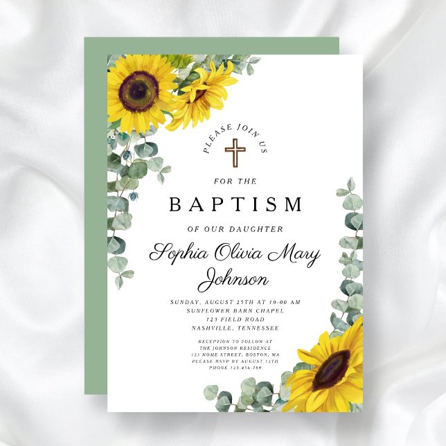 Invitación Elegante Floral Sunflower Bautismo religioso (Elegant Floral Sunflower Religious Baptism Invitation)