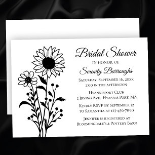 Invitación Elegante Floral Sunflowes Black White Bridal Showe