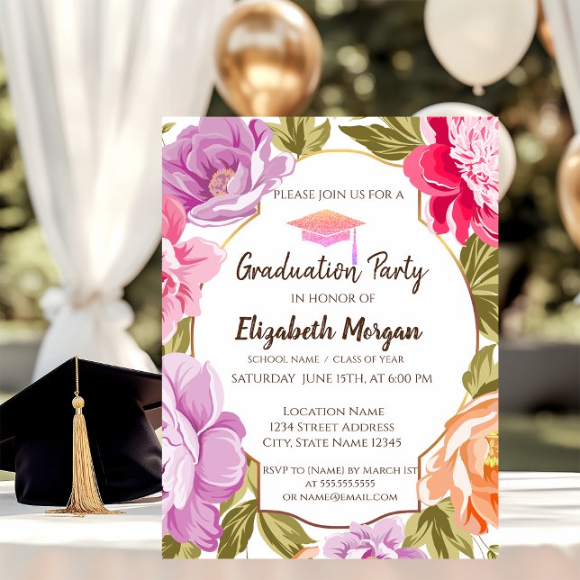 Invitación Elegante floral, tapón de graduación Purpurina (Subido por el creador)