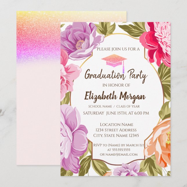 Invitación Elegante floral, tapón de graduación Purpurina (Anverso / Reverso)