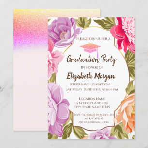 Invitación Elegante floral, tapón de graduación Purpurina