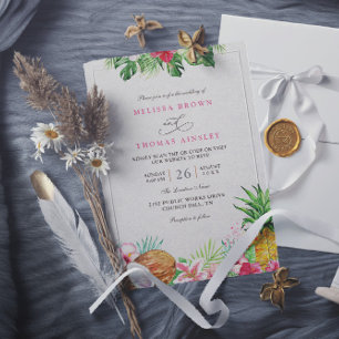 Invitación Elegante Floral Tropical Hawaiano Código QR Boda