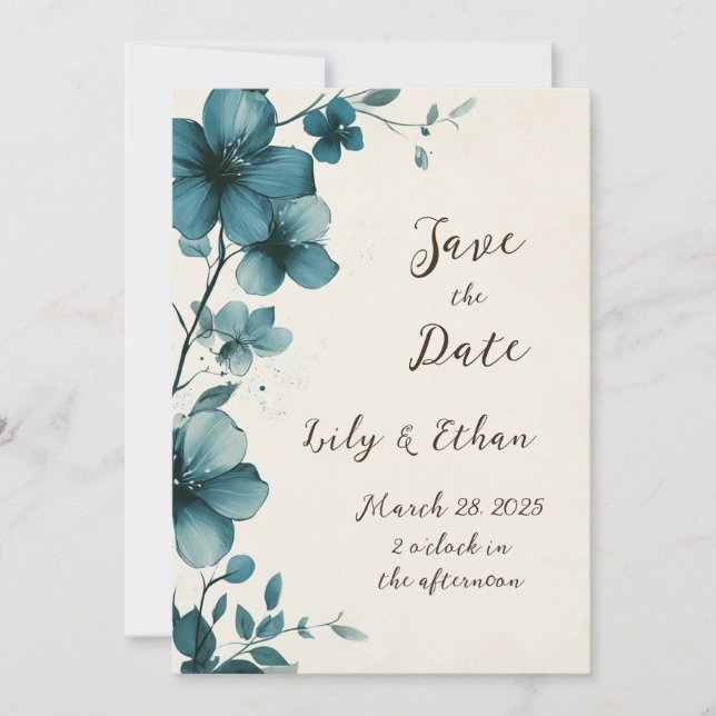 Invitación Elegante floral Verde azulada salva la fecha (Anverso)