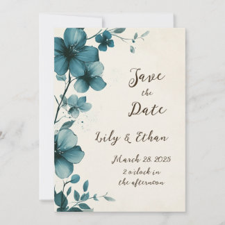 Invitación Elegante floral Verde azulada salva la fecha