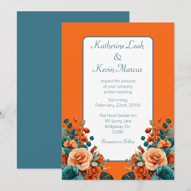 Invitación Elegante floral Verde azulada y Naranja (Anverso / Reverso)