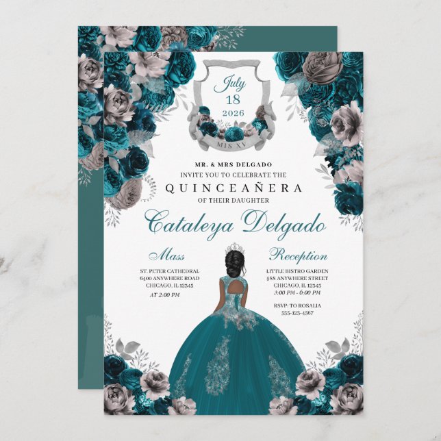 Invitación Elegante floral verde azulada y plateada Quinceañe (Anverso / Reverso)