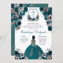 Invitación Elegante floral verde azulada y plateada Quinceañe