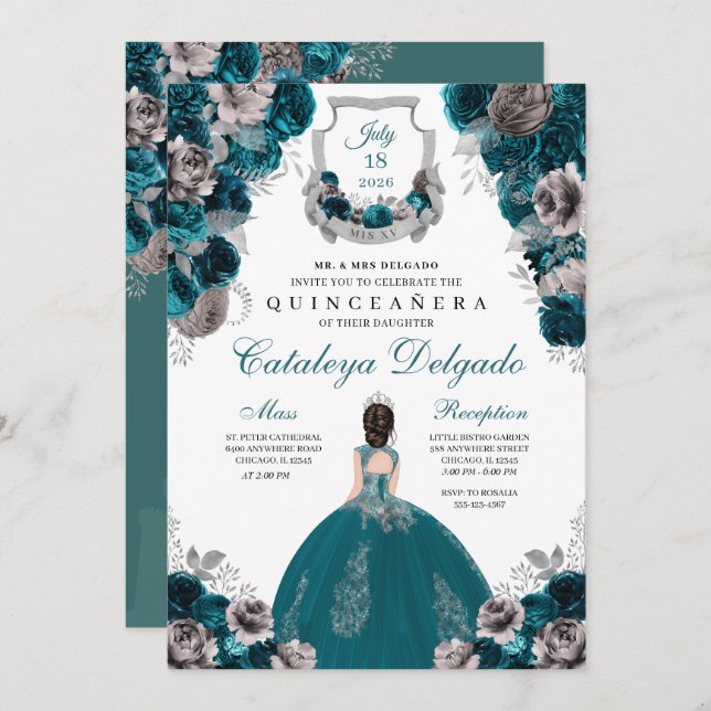 Invitación Elegante floral verde azulada y plateada Quinceañe (Anverso / Reverso)