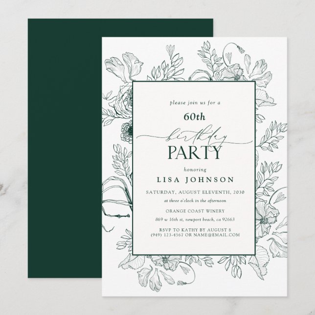 Invitación Elegante floral verde esmeralda 60 cumpleaños (Anverso / Reverso)