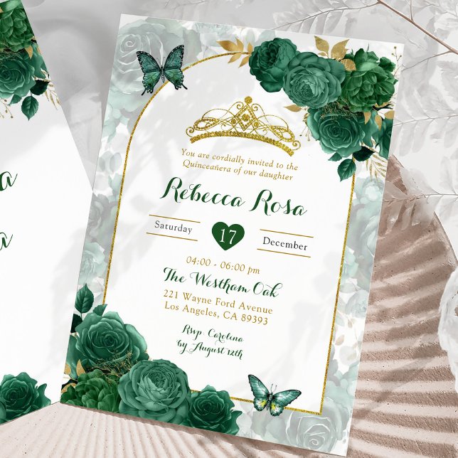 Invitación Elegante floral verde esmeralda real Quinceañera (Subido por el creador)