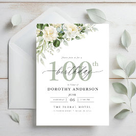 Invitación Elegante floral verde gris 100 cumpleaños