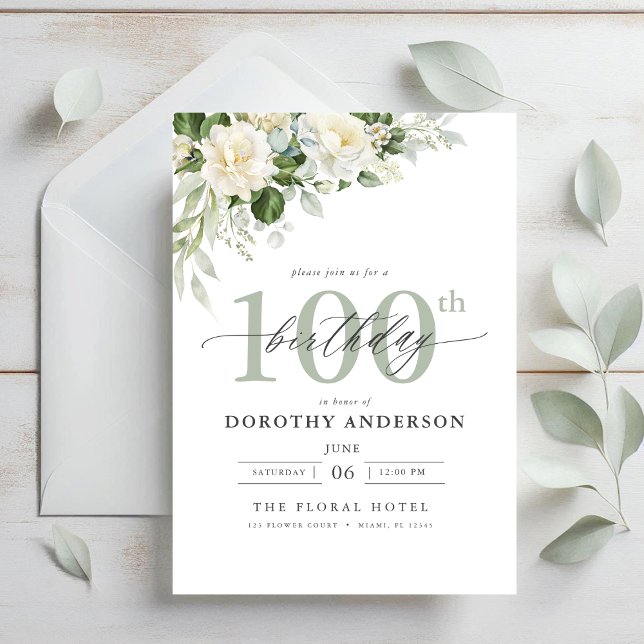 Invitación Elegante floral verde gris 100 cumpleaños (Subido por el creador)