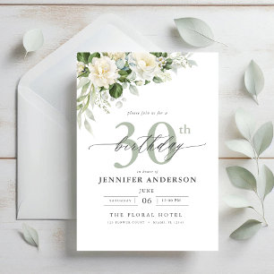 Invitación Elegante floral verde gris 30 cumpleaños