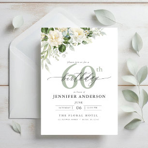 Invitación Elegante floral verde gris 60 cumpleaños