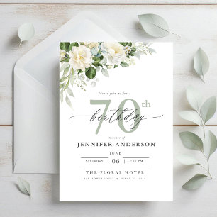Invitación Elegante floral verde gris 70 cumpleaños