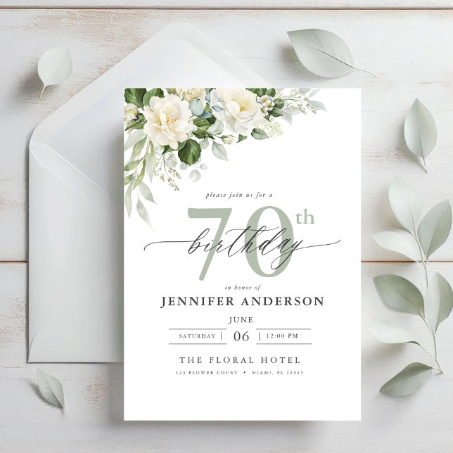 Invitación Elegante floral verde gris 70 cumpleaños (Subido por el creador)
