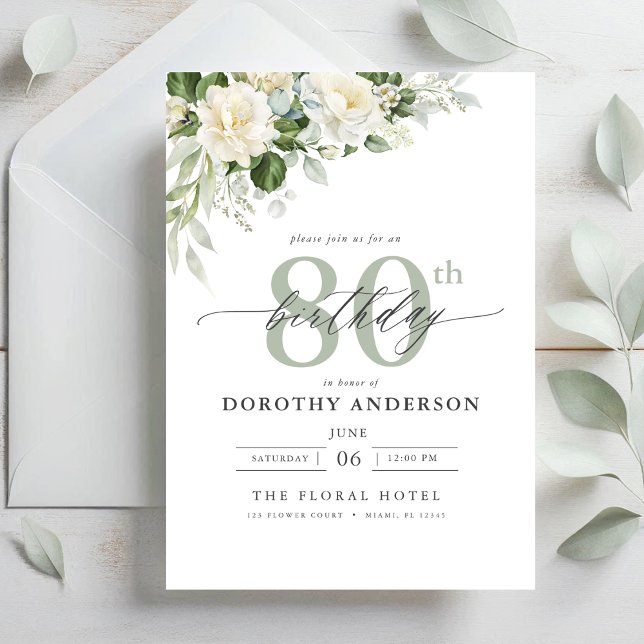 Invitación Elegante floral verde gris 80 cumpleaños (Subido por el creador)