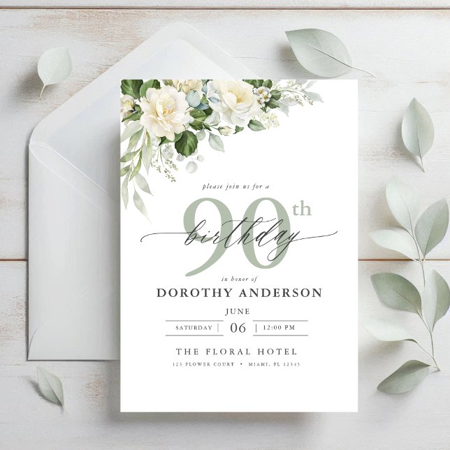 Invitación Elegante floral verde gris 90 cumpleaños (Subido por el creador)