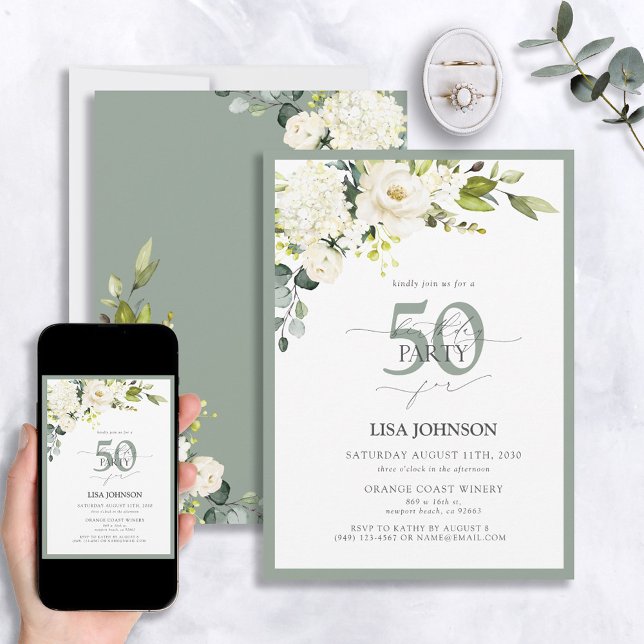 Invitación Elegante Floral Verde Gris Blanco 50 cumpleaños (Subido por el creador)