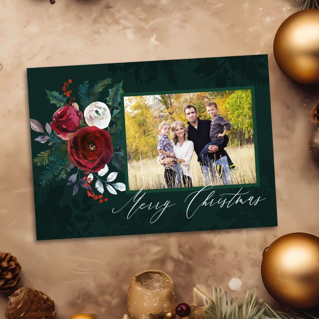 Invitación Elegante floral verde profundo "Feliz Navidad" fot (Subido por el creador)