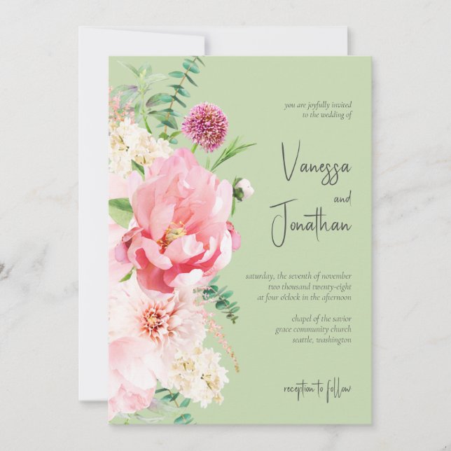 Invitación Elegante floral verde rosada de sabio Rubor (Anverso)