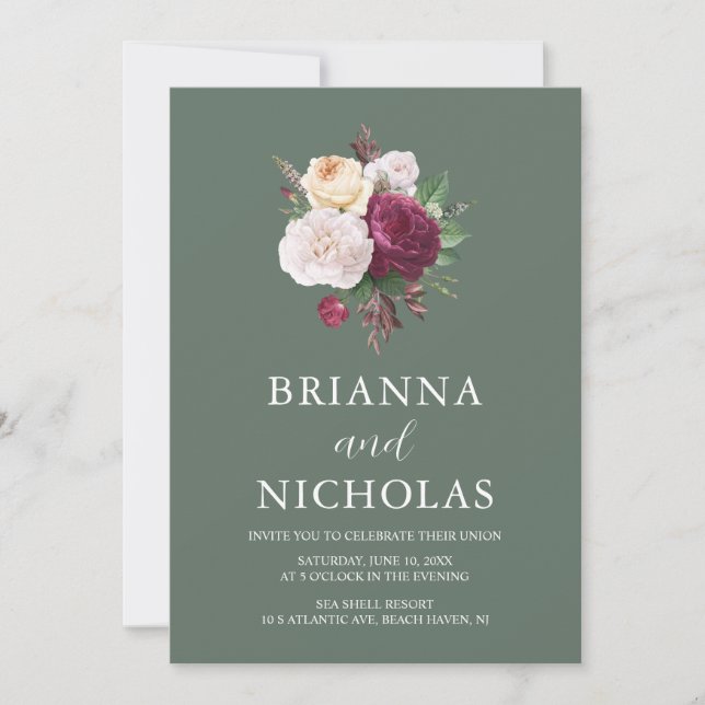 Invitación Elegante floral verde sabio todo en un Boda (Anverso)