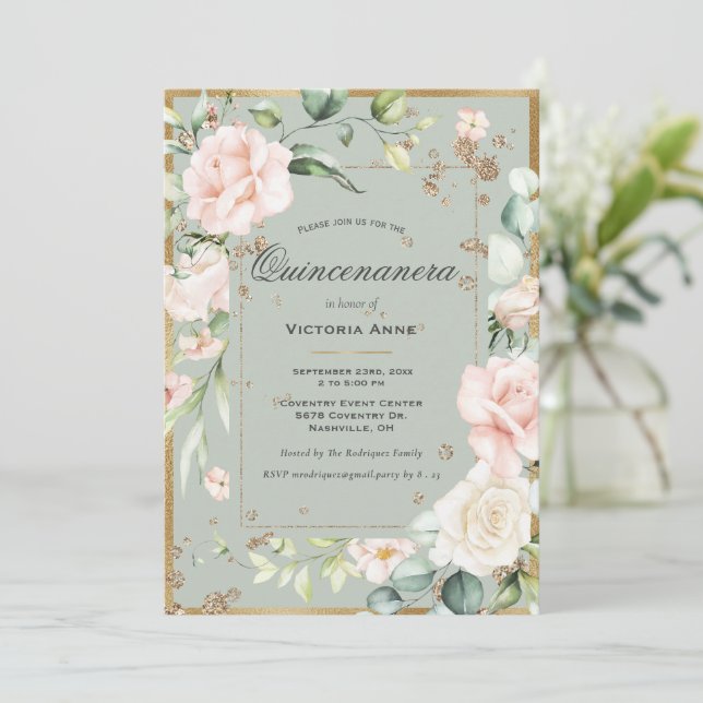 Invitación Elegante Floral Verde Salvia Dorado Quinceañera (Anverso de pie)