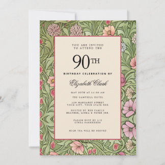 Invitación Elegante Floral Victoriano Vintage Cumpleaños 90