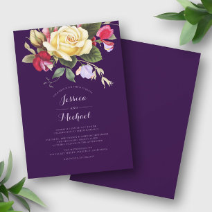 Invitación Elegante floral vintage Boda amarillo morado rosad